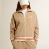 Lichtbeige dames sweatshirt met ritssluiting en wit logo