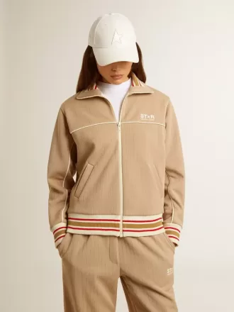 Lichtbeige dames sweatshirt met ritssluiting en wit logo