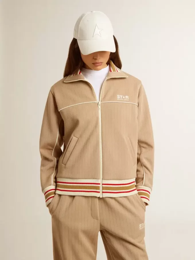 Lichtbeige dames sweatshirt met ritssluiting en wit logo