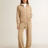 Lichtbeige dames sweatshirt met ritssluiting en wit logo