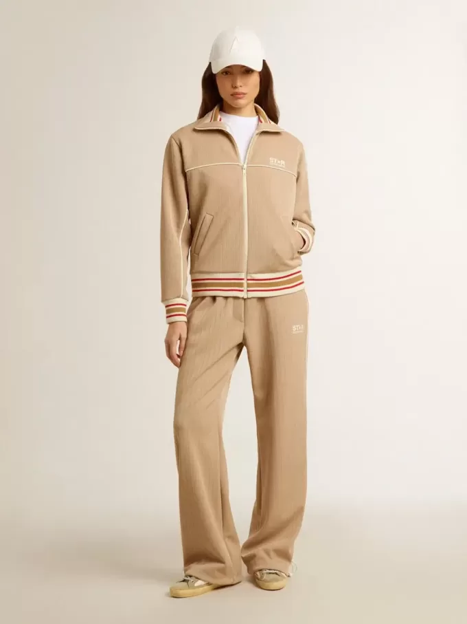 Lichtbeige dames sweatshirt met ritssluiting en wit logo