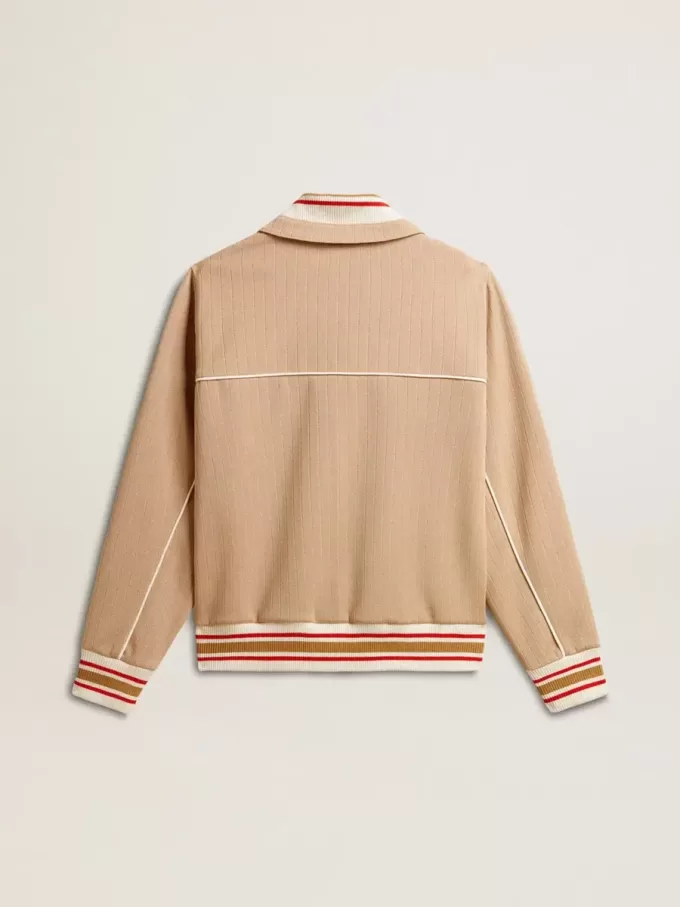 Lichtbeige dames sweatshirt met ritssluiting en wit logo