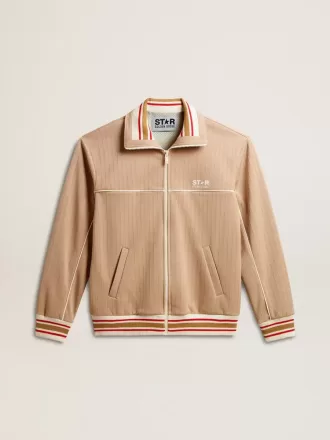 Lichtbeige herensweatshirt met ritssluiting en wit logo