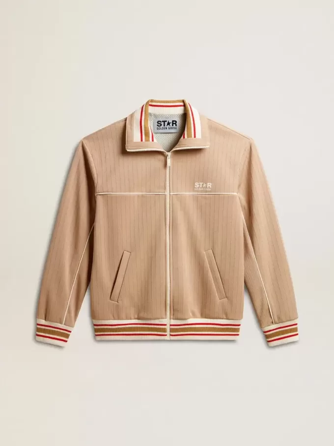 Lichtbeige herensweatshirt met ritssluiting en wit logo