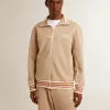 Lichtbeige herensweatshirt met ritssluiting en wit logo