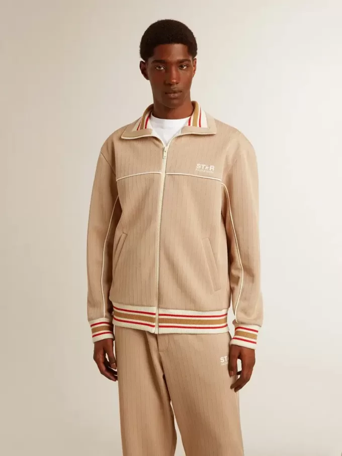 Lichtbeige herensweatshirt met ritssluiting en wit logo