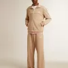 Lichtbeige herensweatshirt met ritssluiting en wit logo
