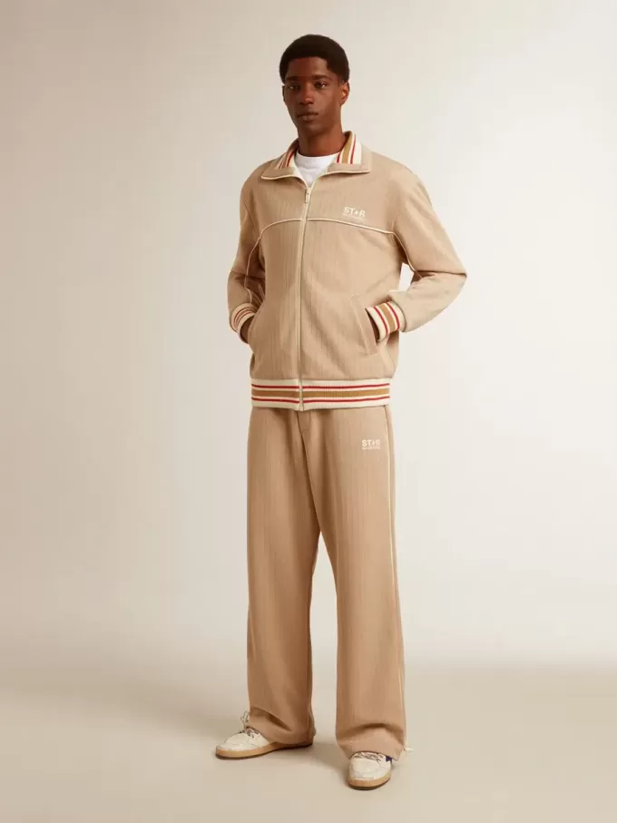 Lichtbeige herensweatshirt met ritssluiting en wit logo