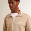 Lichtbeige herensweatshirt met ritssluiting en wit logo