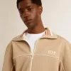 Lichtbeige herensweatshirt met ritssluiting en wit logo