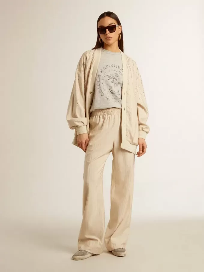 Lichtbeige joggingbroek voor dames van zijde en viscose