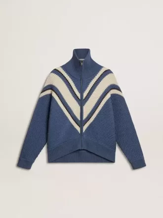Lichtblauwe jacquard wollen trui voor dames met crèmekleurig patroon