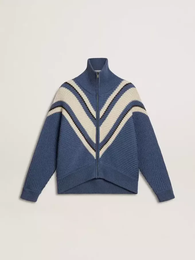 Lichtblauwe jacquard wollen trui voor dames met crèmekleurig patroon