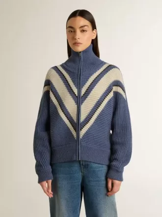 Lichtblauwe jacquard wollen trui voor dames met crèmekleurig patroon