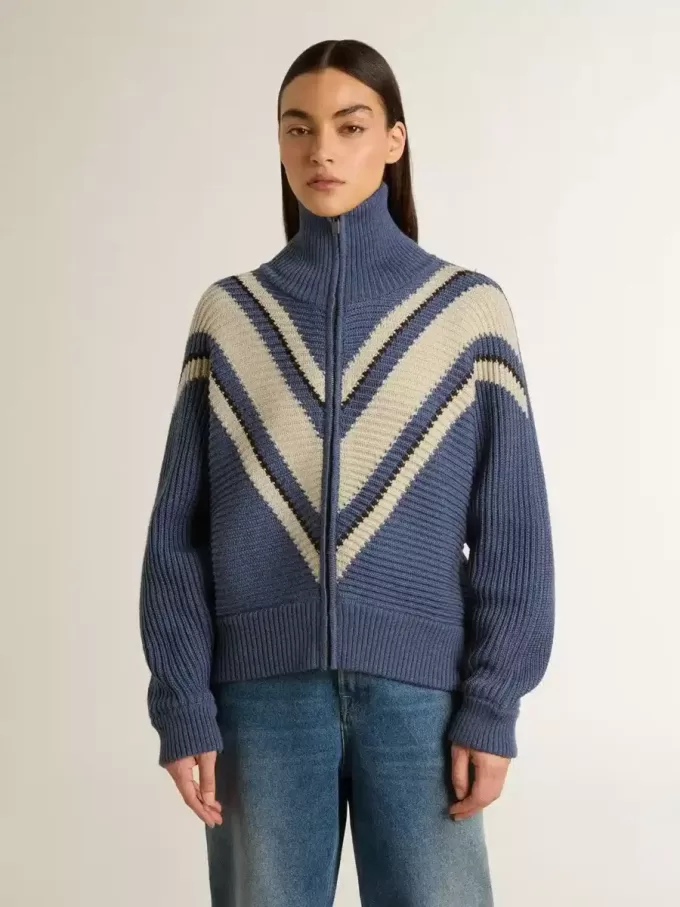 Lichtblauwe jacquard wollen trui voor dames met crèmekleurig patroon