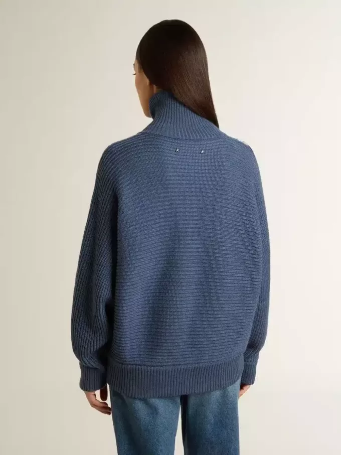Lichtblauwe jacquard wollen trui voor dames met crèmekleurig patroon