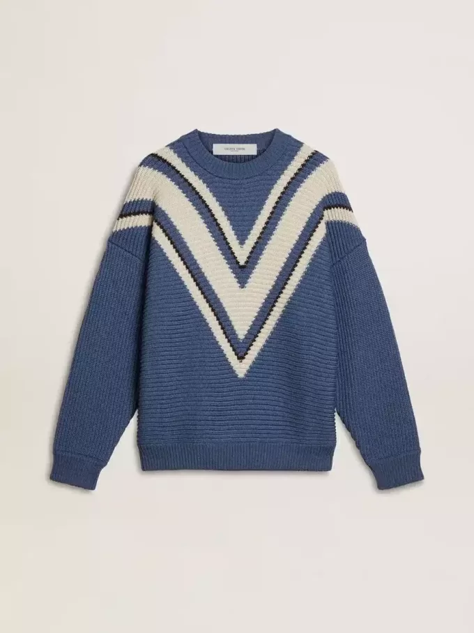 Lichtblauwe jacquard wollen trui voor heren met crèmekleurig patroon