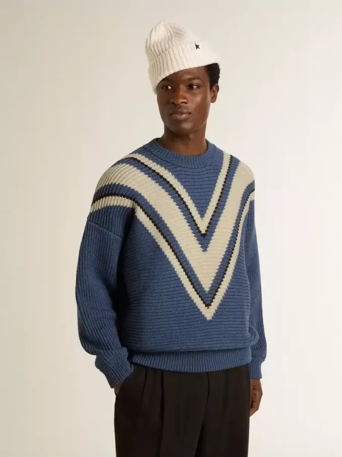 Lichtblauwe jacquard wollen trui voor heren met crèmekleurig patroon