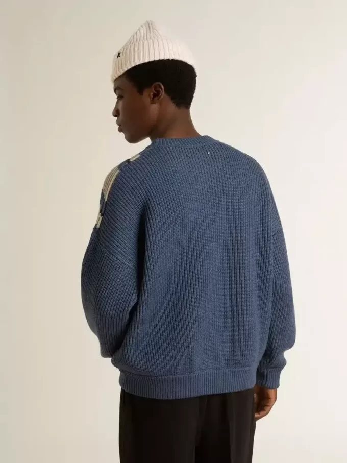 Lichtblauwe jacquard wollen trui voor heren met crèmekleurig patroon