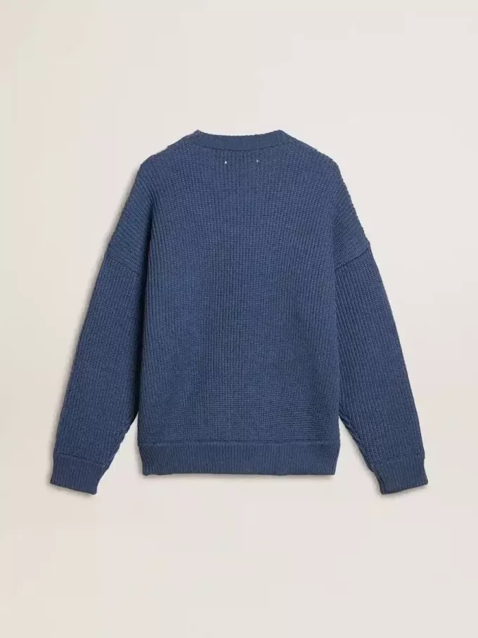 Lichtblauwe jacquard wollen trui voor heren met crèmekleurig patroon