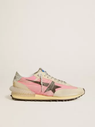 Marathon voor dames in roze nylon en beige suède met zwarte opgedrukte ster