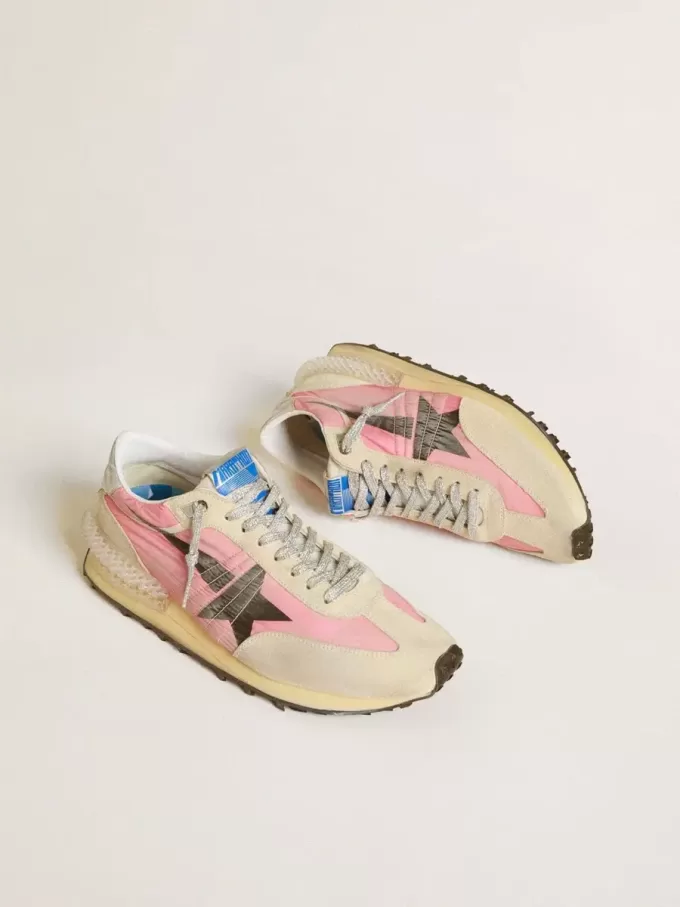 Marathon voor dames in roze nylon en beige suède met zwarte opgedrukte ster