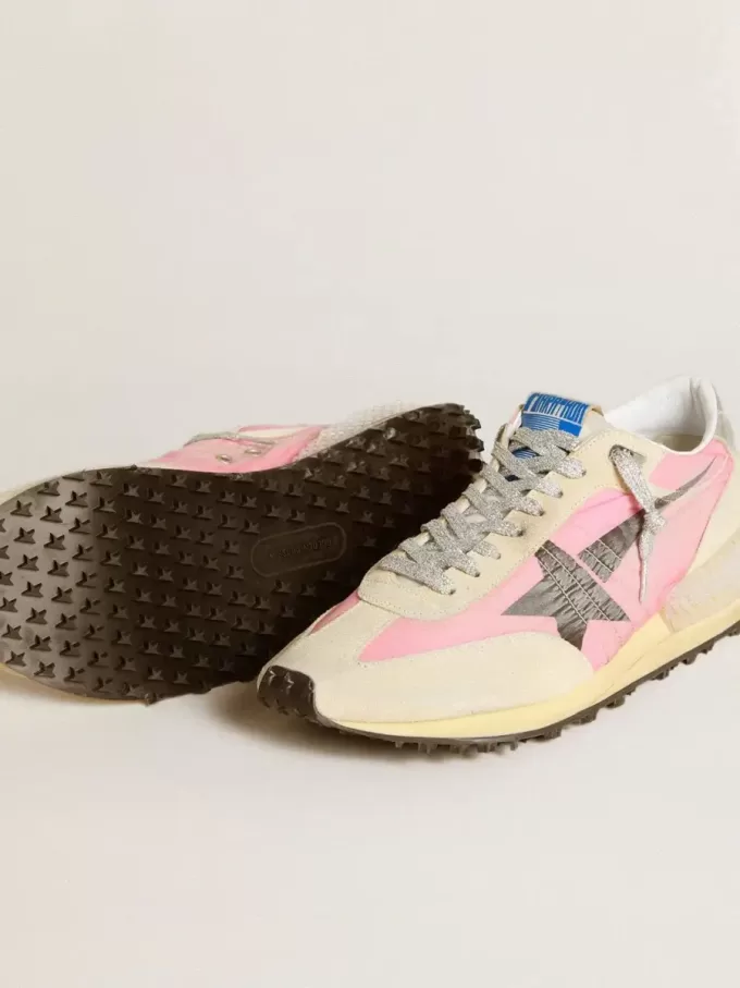 Marathon voor dames in roze nylon en beige suède met zwarte opgedrukte ster
