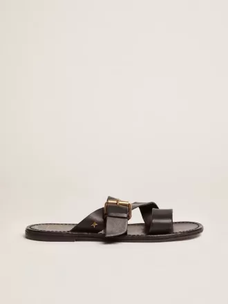 Margaret platte sandalen voor dames in zwart met hars gecoat leer