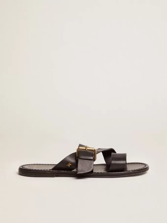 Margaret platte sandalen voor dames in zwart met hars gecoat leer