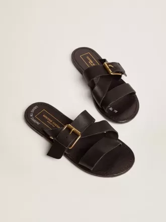 Margaret platte sandalen voor dames in zwart met hars gecoat leer