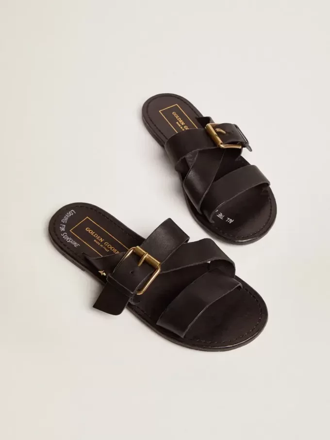 Margaret platte sandalen voor dames in zwart met hars gecoat leer