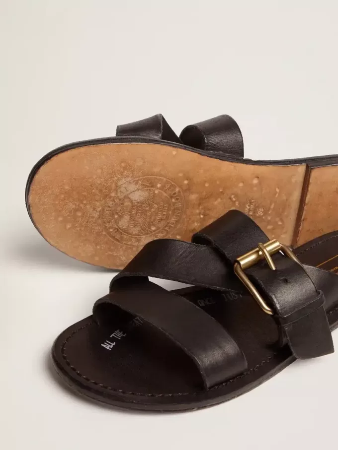 Margaret platte sandalen voor dames in zwart met hars gecoat leer