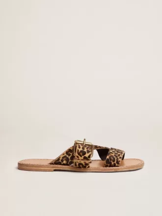 Margaret platte sandalen voor dames van ponyhuid met luipaardprint