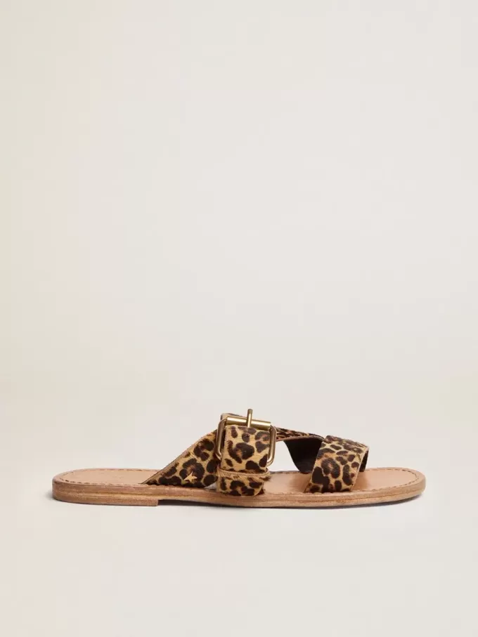 Margaret platte sandalen voor dames van ponyhuid met luipaardprint