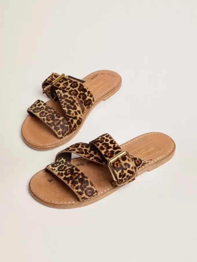 Margaret platte sandalen voor dames van ponyhuid met luipaardprint