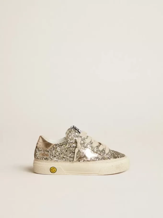 May Junior in platina glitter met metallic leren ster en hielstuk