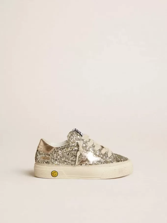 May Teen in platina glitter met gouden leren ster en hielstuk