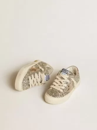 May Teen in platina glitter met gouden leren ster en hielstuk