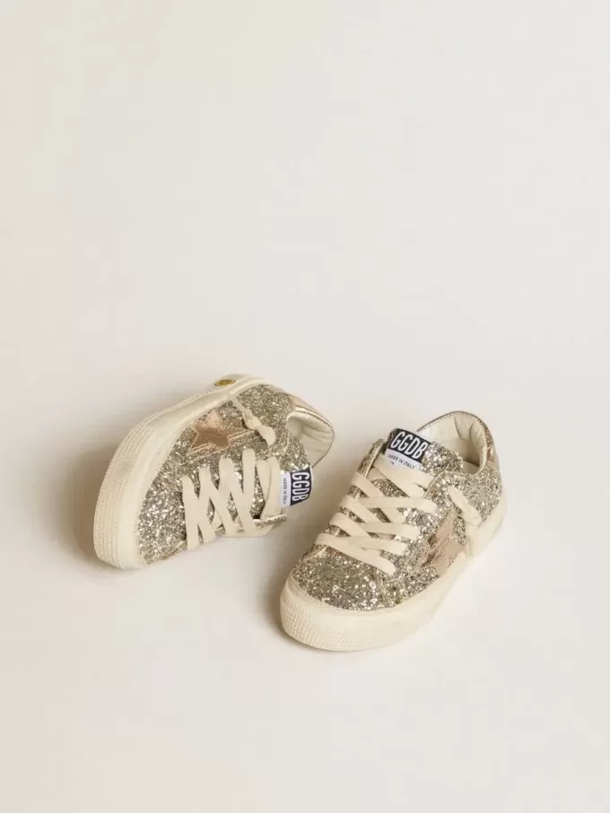May Teen in platina glitter met gouden leren ster en hielstuk