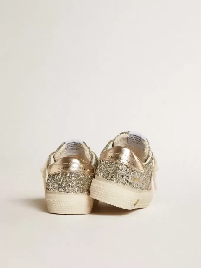 May Teen in platina glitter met gouden leren ster en hielstuk