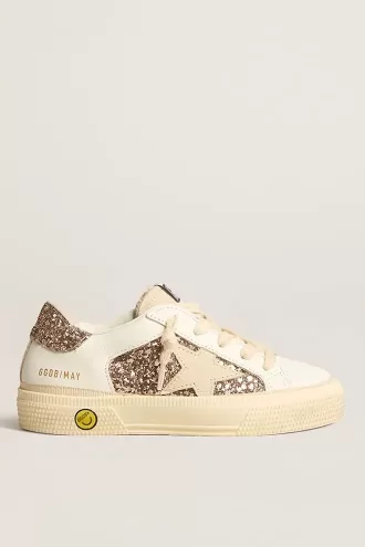 May Teen in wit leer en roségoud glitter met beige suède ster
