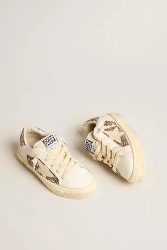 May Teen in wit leer en roségoud glitter met beige suède ster