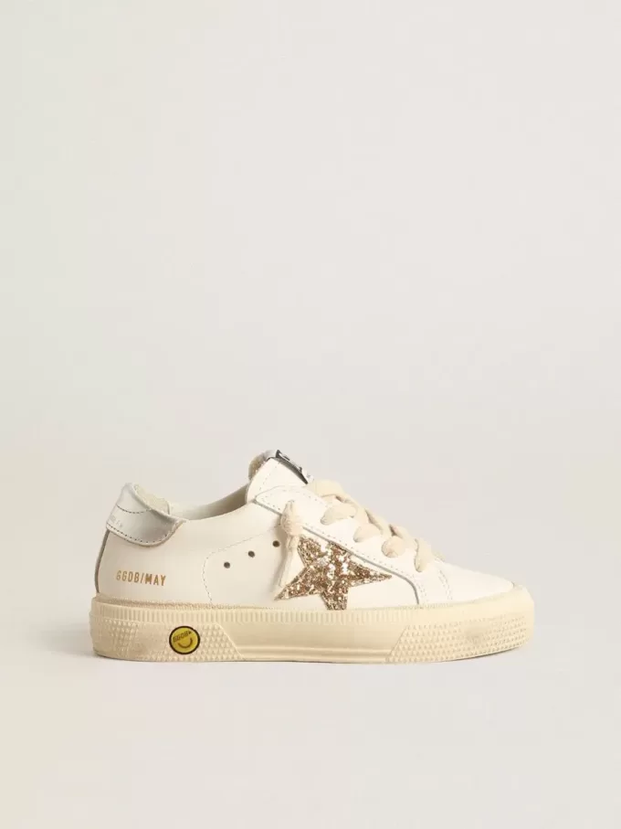 May Teen in wit leer met gouden glitterster en zilveren hielstuk