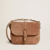 Medium Sally Bag in askleurig suède met contrasterende gesp en schouderriem