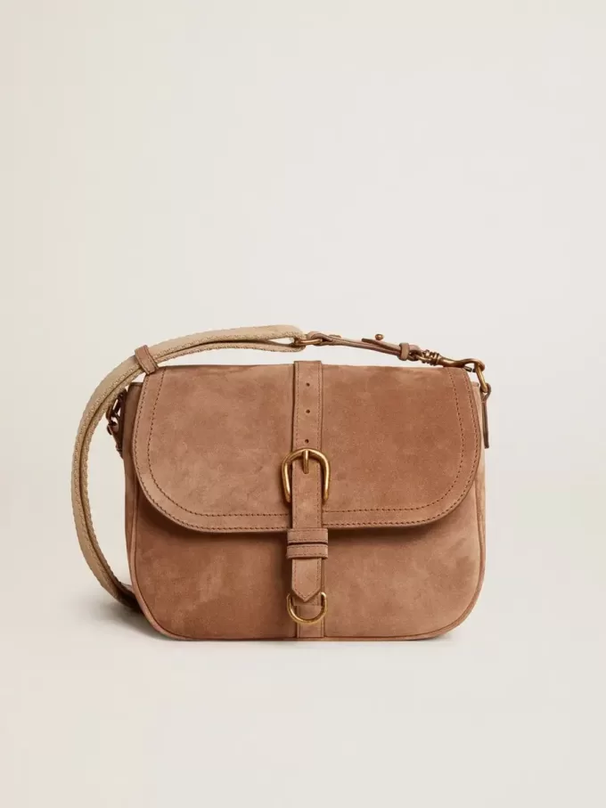Medium Sally Bag in askleurig suède met contrasterende gesp en schouderriem