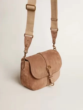 Medium Sally Bag in askleurig suède met contrasterende gesp en schouderriem