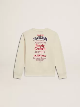 Meisjes-T-shirt in versleten wit met borduursel op de voorkant en print op de achterkant