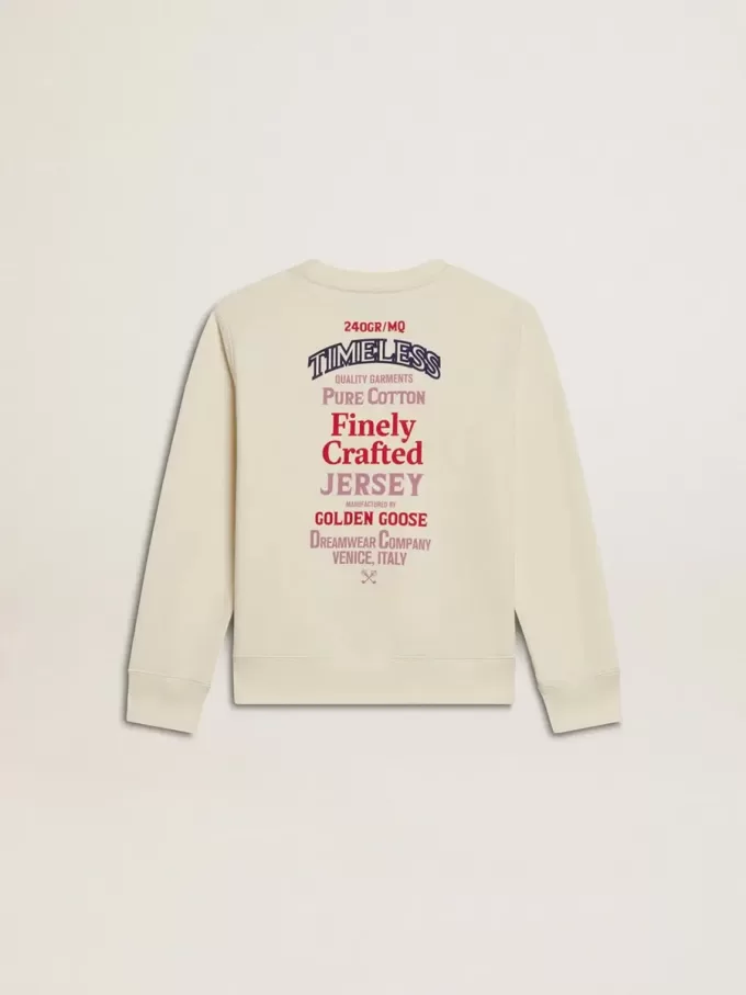 Meisjes-T-shirt in versleten wit met borduursel op de voorkant en print op de achterkant