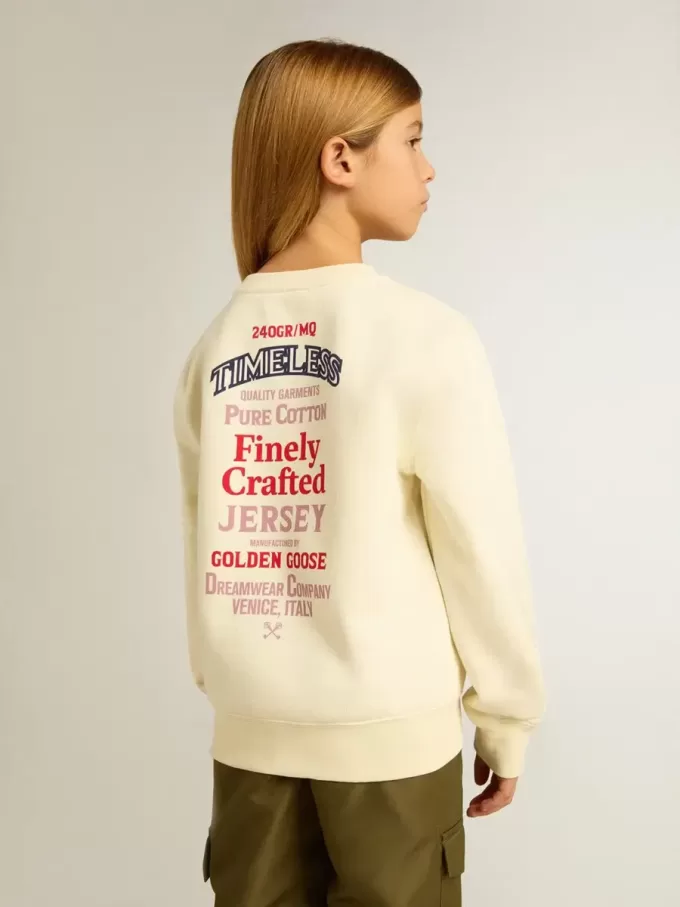 Meisjes-T-shirt in versleten wit met borduursel op de voorkant en print op de achterkant