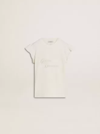 Meisjes-T-shirt met ruches aan de mouwen, letters en borduursels